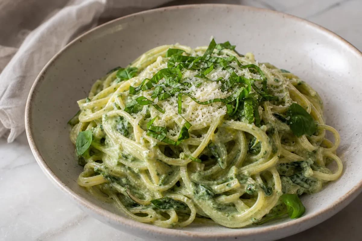 Peruvian Tallarines Verdes with Basil, Spinach, and Cheese