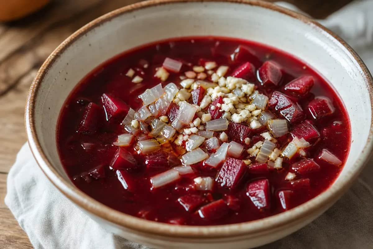 A bowl of vibrant red Barszcz Czerwony with garnished beets and herbs, showcasing its rich texture.