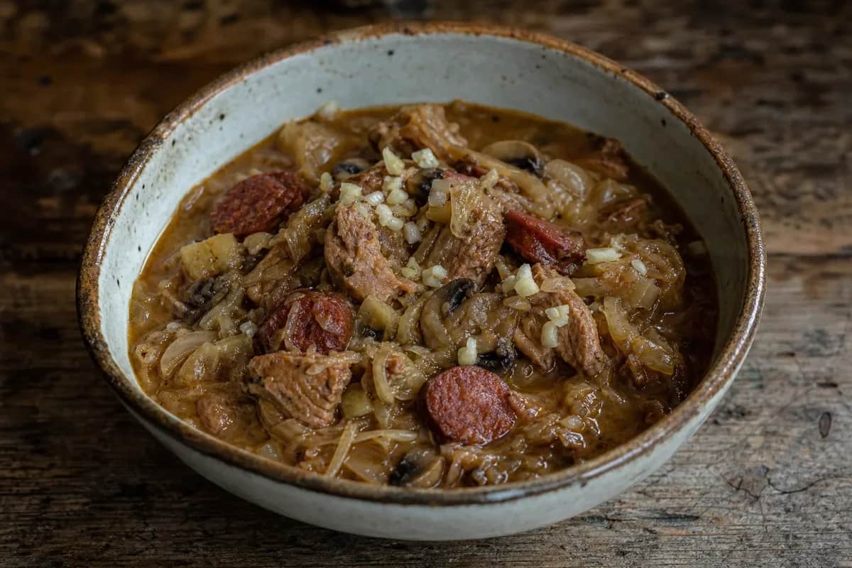A hearty bowl of bigos stew with sauerkraut, sausage, and meat, garnished with parsley.