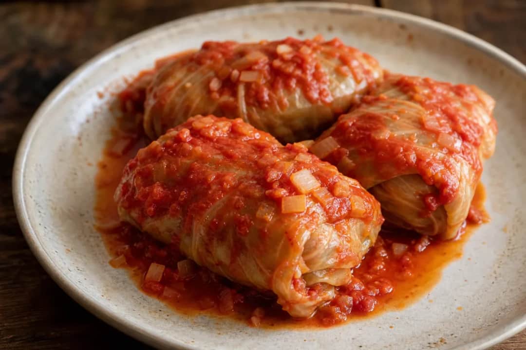 Stuffed cabbage rolls filled with beef and rice, drizzled with tomato sauce.