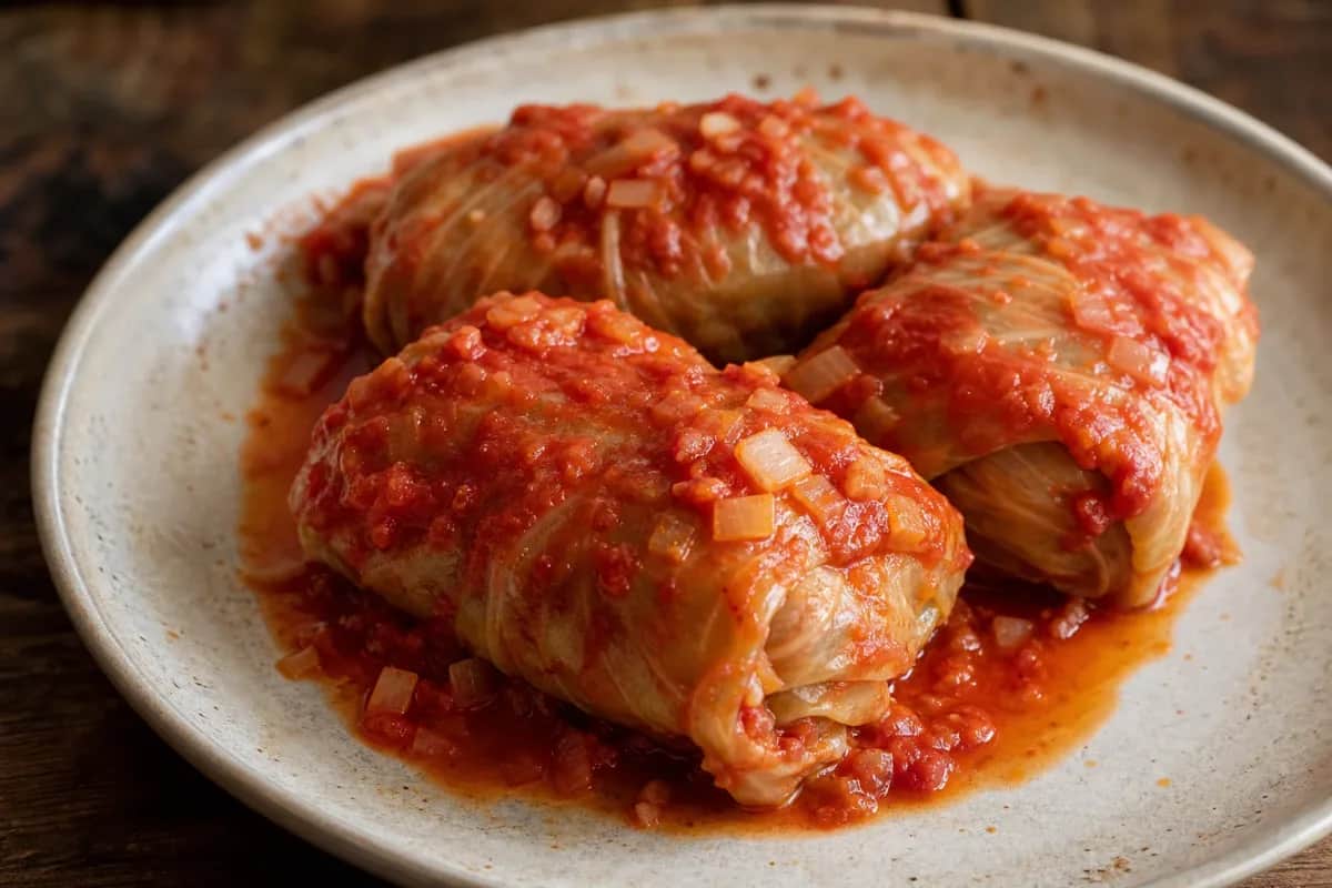 Stuffed cabbage rolls filled with beef and rice, drizzled with tomato sauce.