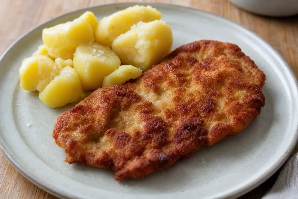 Crispy pork cutlet served with golden roasted potatoes and garnish, showcasing the dish's texture and flavors.