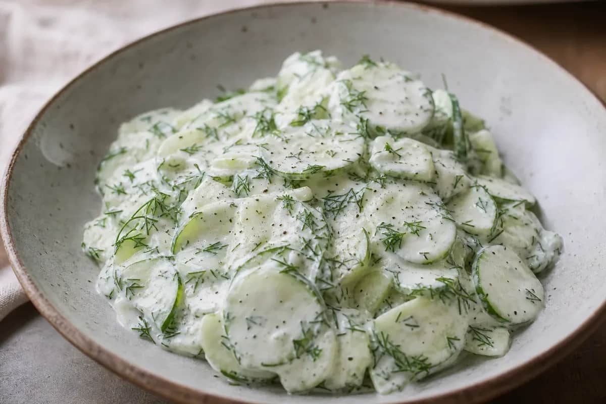 A creamy cucumber salad with fresh dill, garnished and served in a bowl, showcasing a vibrant green color and smooth texture.