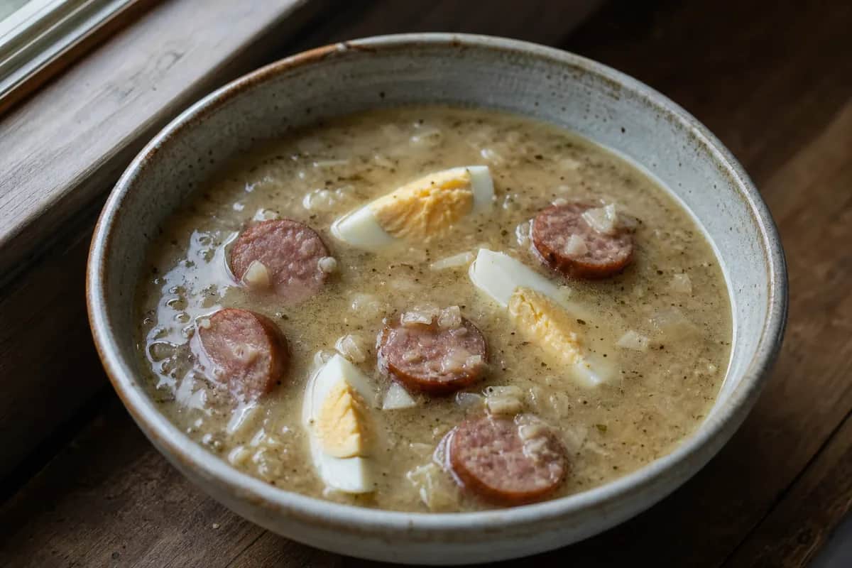 Creamy sour rye soup with slices of sausage and halved eggs, garnished with herbs.