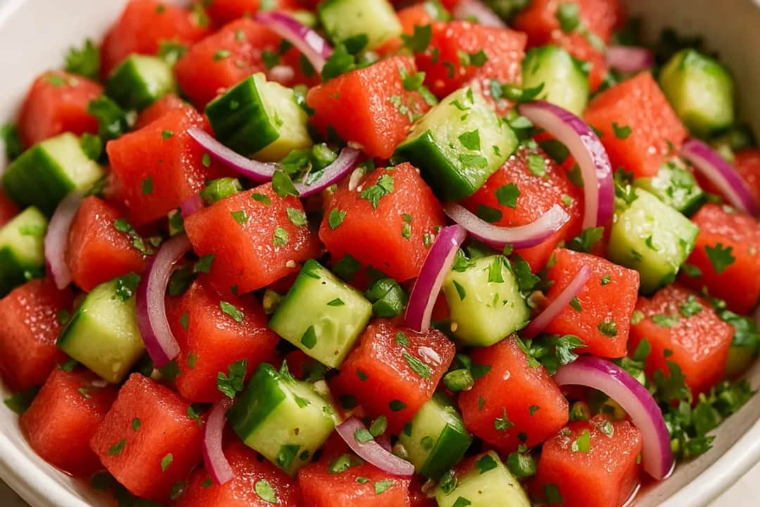 Refreshing Spicy Watermelon Cucumber Salad with Lime — dessert recipe, beautifully plated and ready to serve