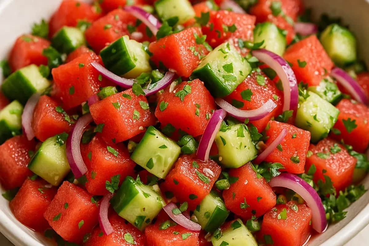 Refreshing Spicy Watermelon Cucumber Salad with Lime — dessert recipe, beautifully plated and ready to serve