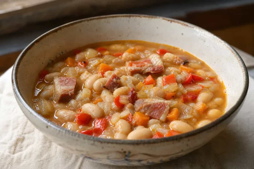 Thick Romanian bean soup with chunks of smoky pork and colorful vegetables garnished with parsley.