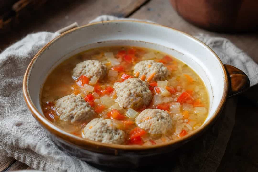 A bowl of Romanian ciorbă de perișoare with meatballs, herbs, and vegetables, garnished with sour cream.