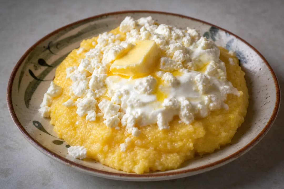 Romanian Mămăligă with Cheese, Sour Cream, and Butter