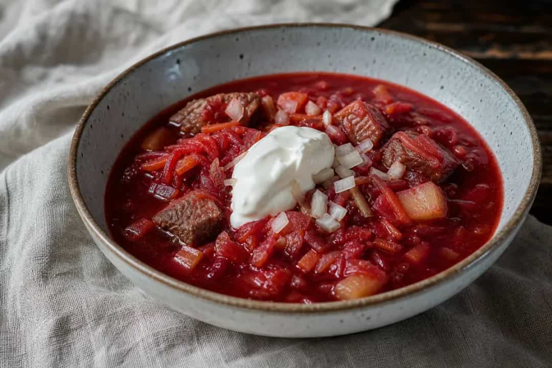 Rich red borscht soup with tender beef, beets, and a swirl of sour cream