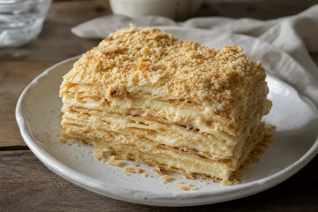 Russian Napoleon Cake with Flaky Pastry and Vanilla Cream