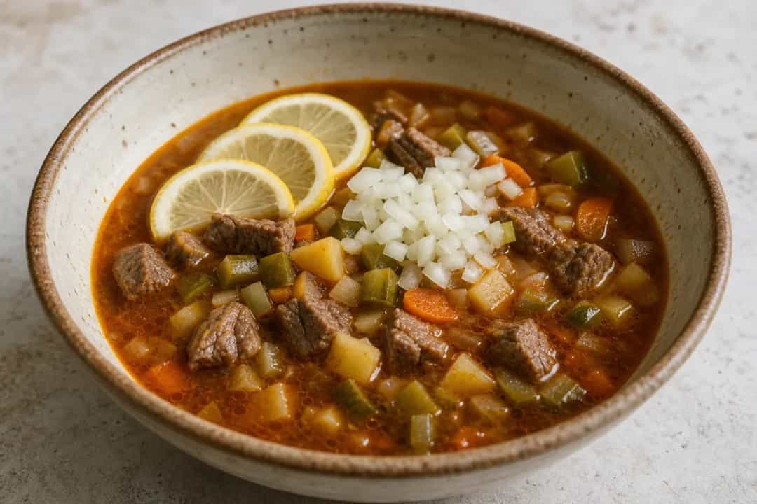 A bowl of Russian Solyanka Soup featuring beef, pickles, and lemon slices, garnished with fresh herbs.