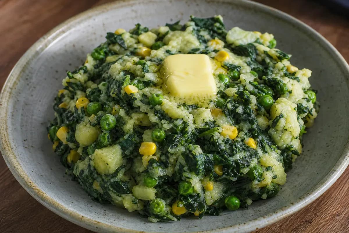 Rustic Kenyan Mukimo with Potatoes, Greens, Corn and Peas