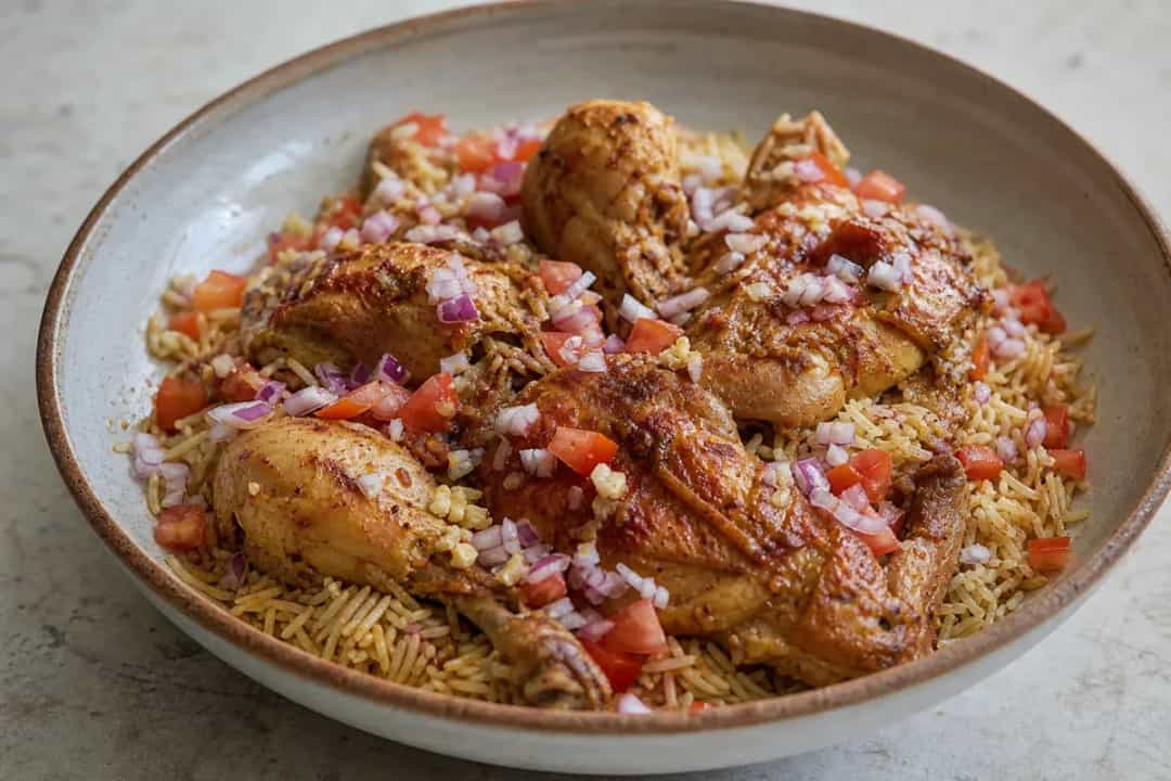 Plated Mandi chicken with fragrant rice, garnished with nuts and herbs, showcasing vibrant colors and textures.