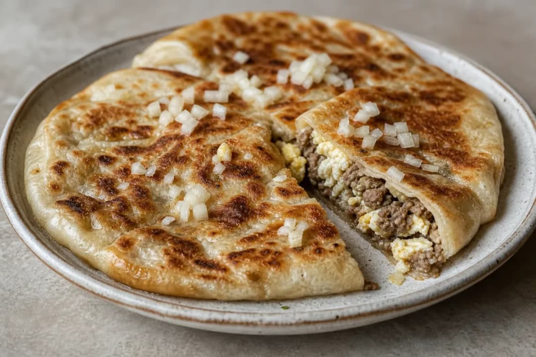 Crispy mutabbaq filled with spiced beef and egg, served on a white plate.