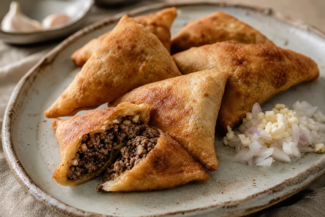 Golden-brown sambousek pastries filled with spiced beef, garnished with fresh herbs.