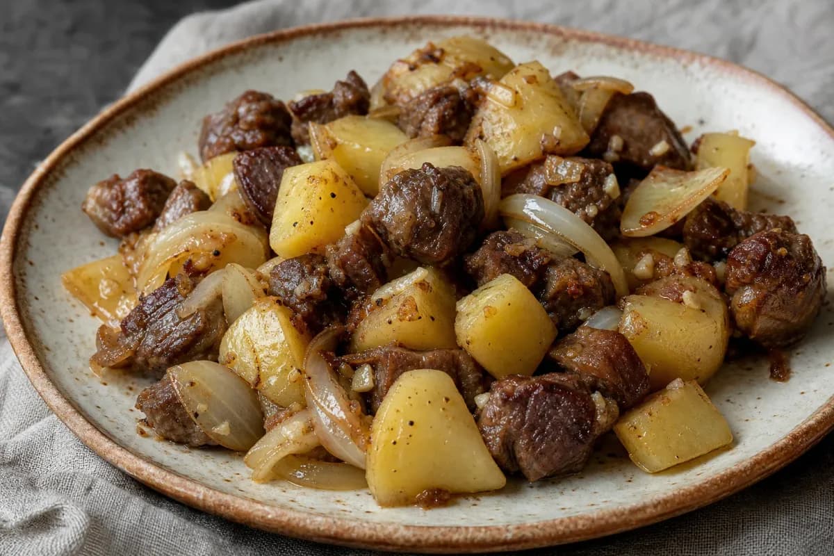 A plate of Kazakh Kuyrdak featuring tender lamb, golden potatoes, and caramelized onions, garnished with herbs.