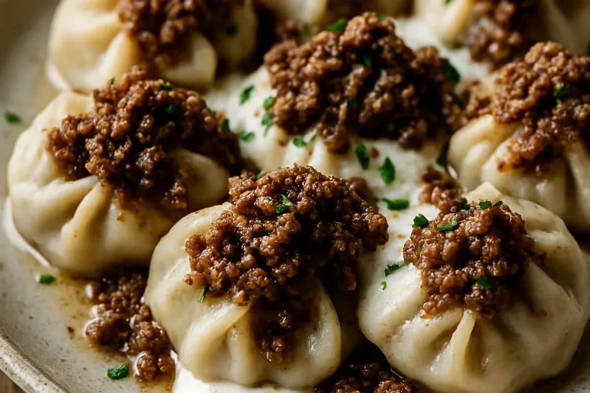 Savory Mantu Dumplings Steamed with Garlic Yogurt Sauce — dinner recipe, beautifully plated and ready to serve
