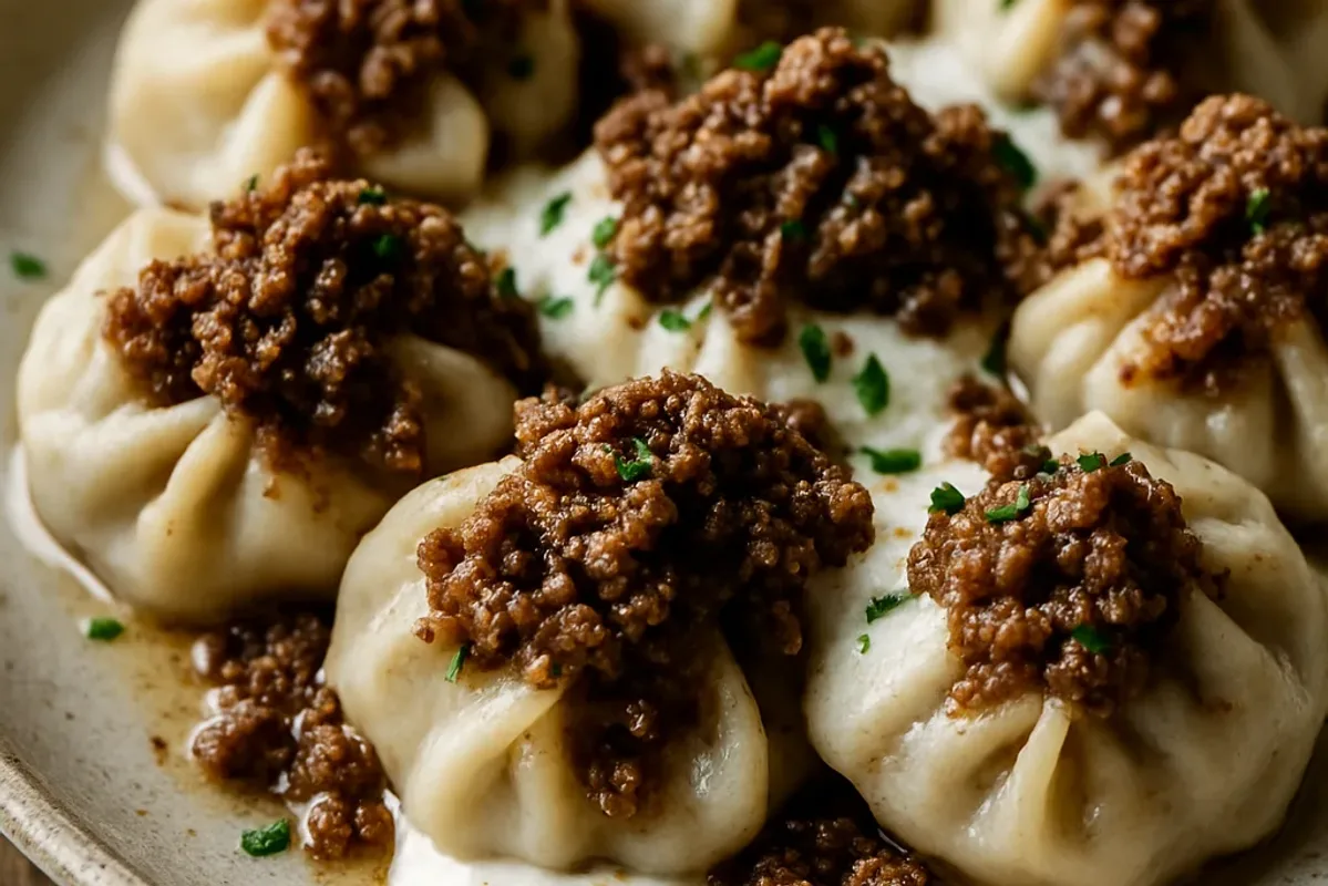 Savory Mantu Dumplings Steamed with Garlic Yogurt Sauce — dinner recipe, beautifully plated and ready to serve