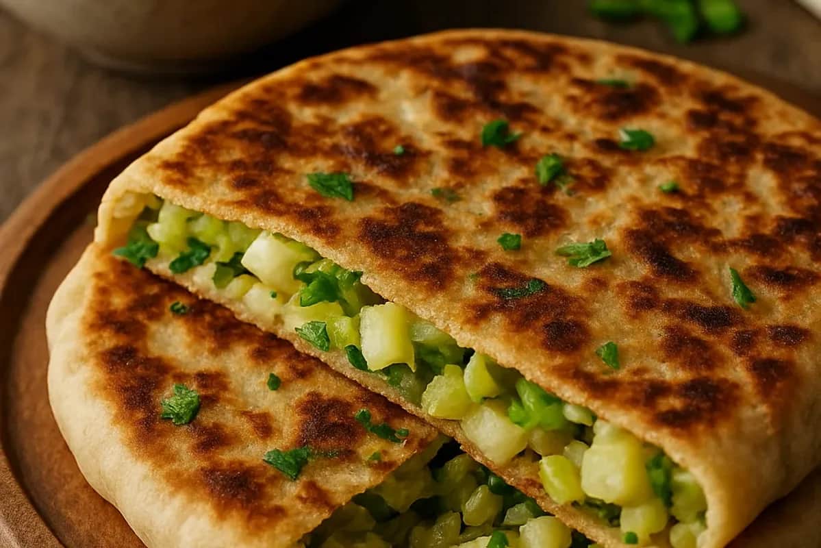Savory Potato Bolani Stuffed Flatbread — vegan recipe, beautifully plated and ready to serve
