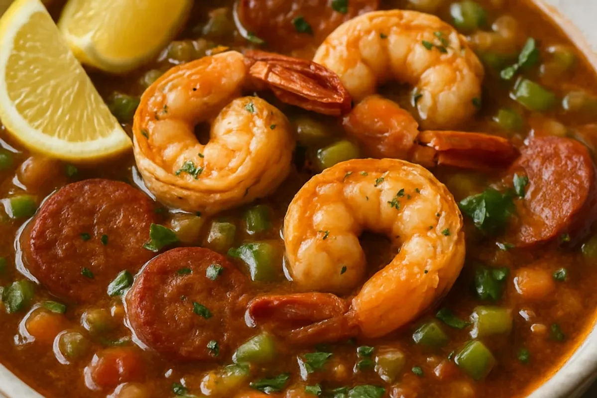 A hearty bowl of seafood gumbo with shrimp, sausage, and vegetables, garnished with fresh parsley.