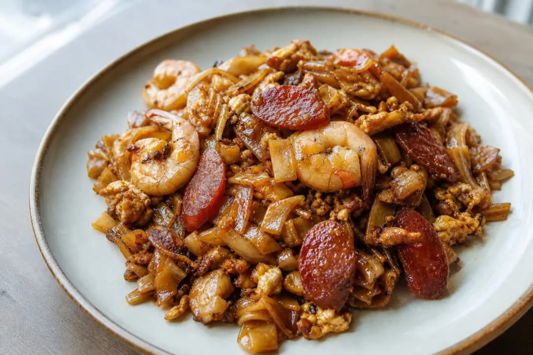 Singapore Char Kway Teow with Prawns and Chinese Sausage