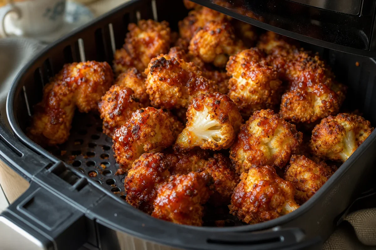 Close-up of Smoky Air Fryer BBQ Cauliflower Bites with Crispy Coating, inside an open air fryer basket with crispy golden browning (vegetarian recipe)