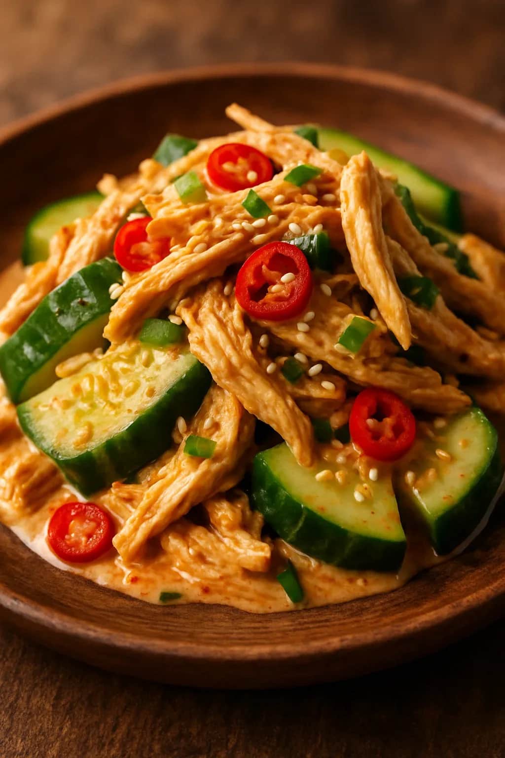 Spicy Bang Bang Chicken Cucumber Salad — healthy recipe, beautifully plated and ready to serve