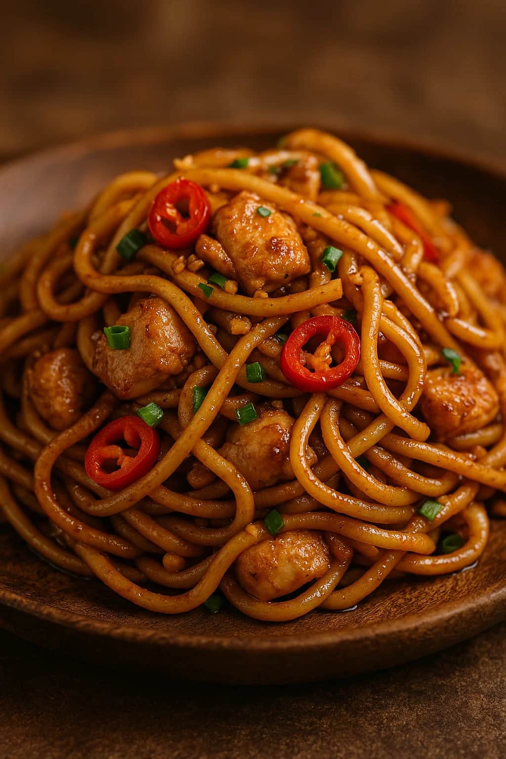 Close-up of authentic Asian Spicy Garlic Chicken Noodles with Stir-Frying Method, plated dish with natural food texture (dinner recipe)