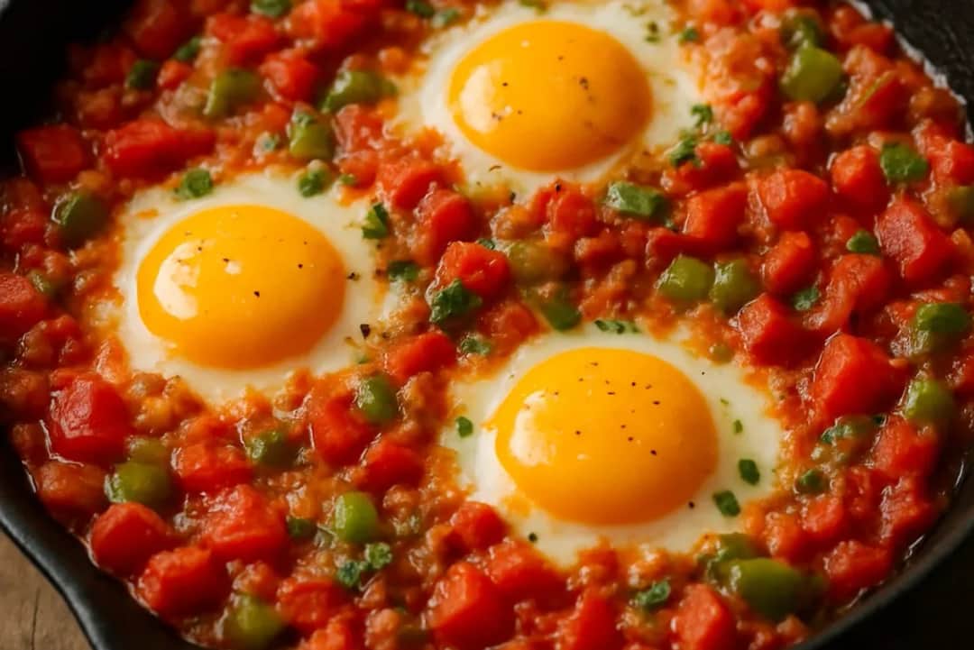 Spicy Turkish Menemen with Tomatoes, Peppers and Eggs — vegetarian recipe, beautifully plated and ready to serve