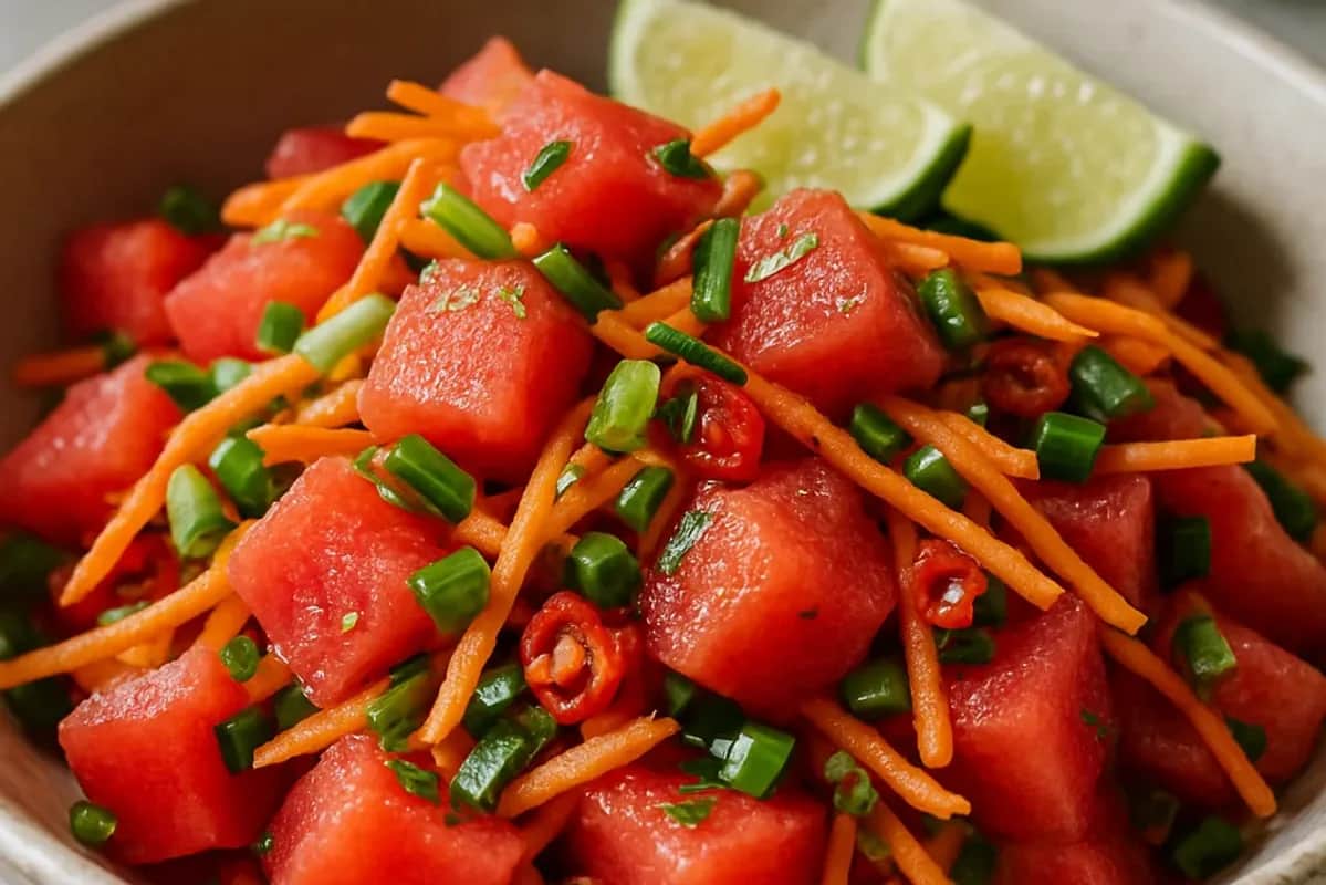 Spicy Watermelon Som Tam Salad with Lime and Chili — healthy recipe, beautifully plated and ready to serve