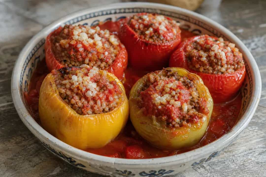 Plated stuffed peppers with vibrant red tomato sauce, garnished with herbs and rice filling visible.