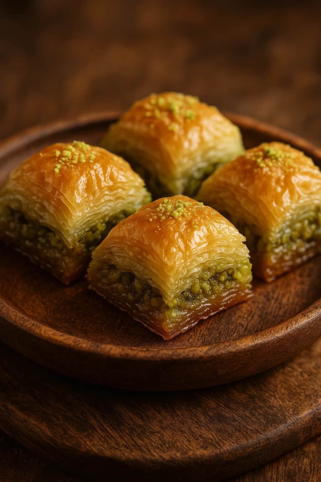 Close-up of Sweet Baklava Baking for a Delicious Turkish Dessert, showing rich texture and finishing garnish