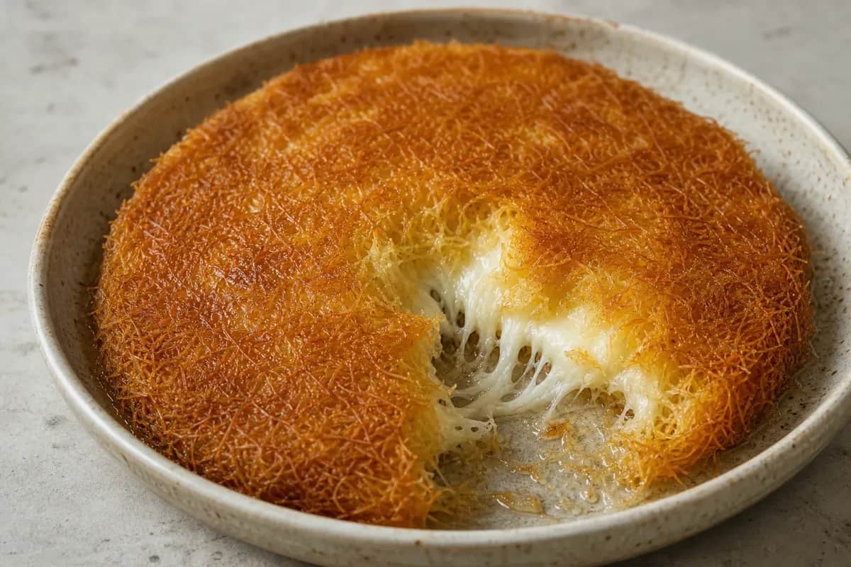 Golden-brown kanafeh topped with green pistachios, served warm on a plate.