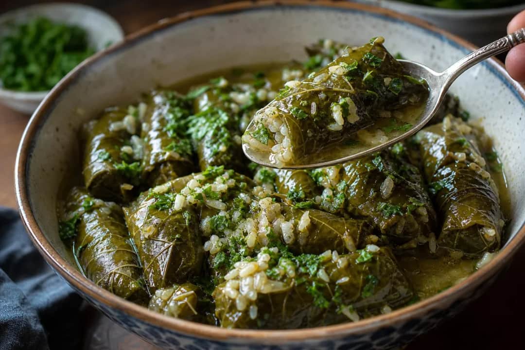 Plated Syrian Yabraq stuffed grape leaves with garlic and lemon, garnished with herbs.