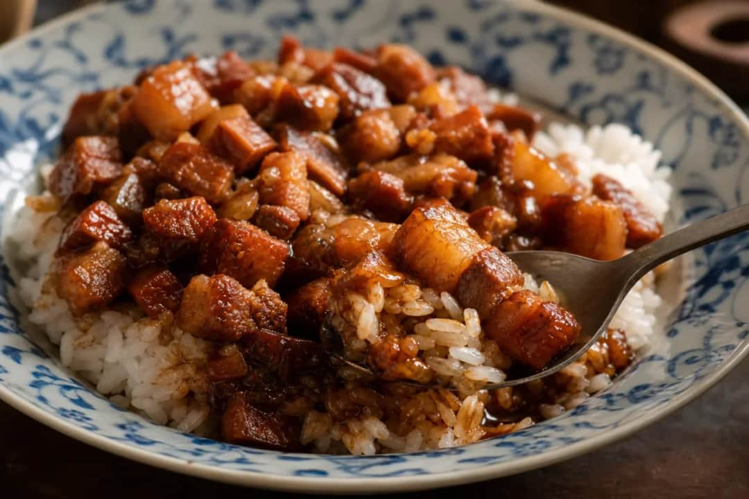 A bowl of Taiwanese Lu Rou Fan with tender braised pork, served over rice and garnished with green onions.