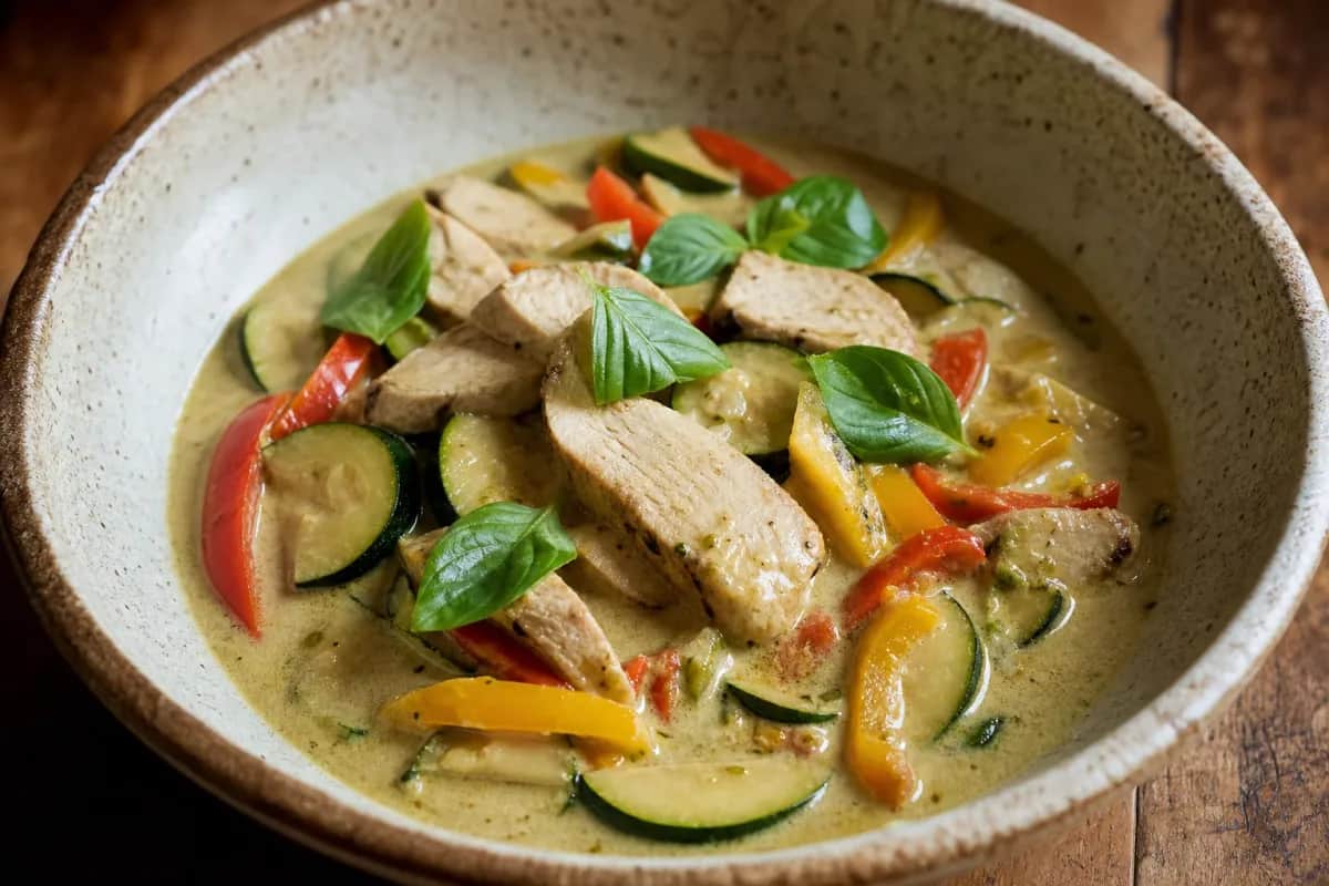 Creamy Thai green curry with chicken, fresh basil, and vibrant vegetables in a bowl.