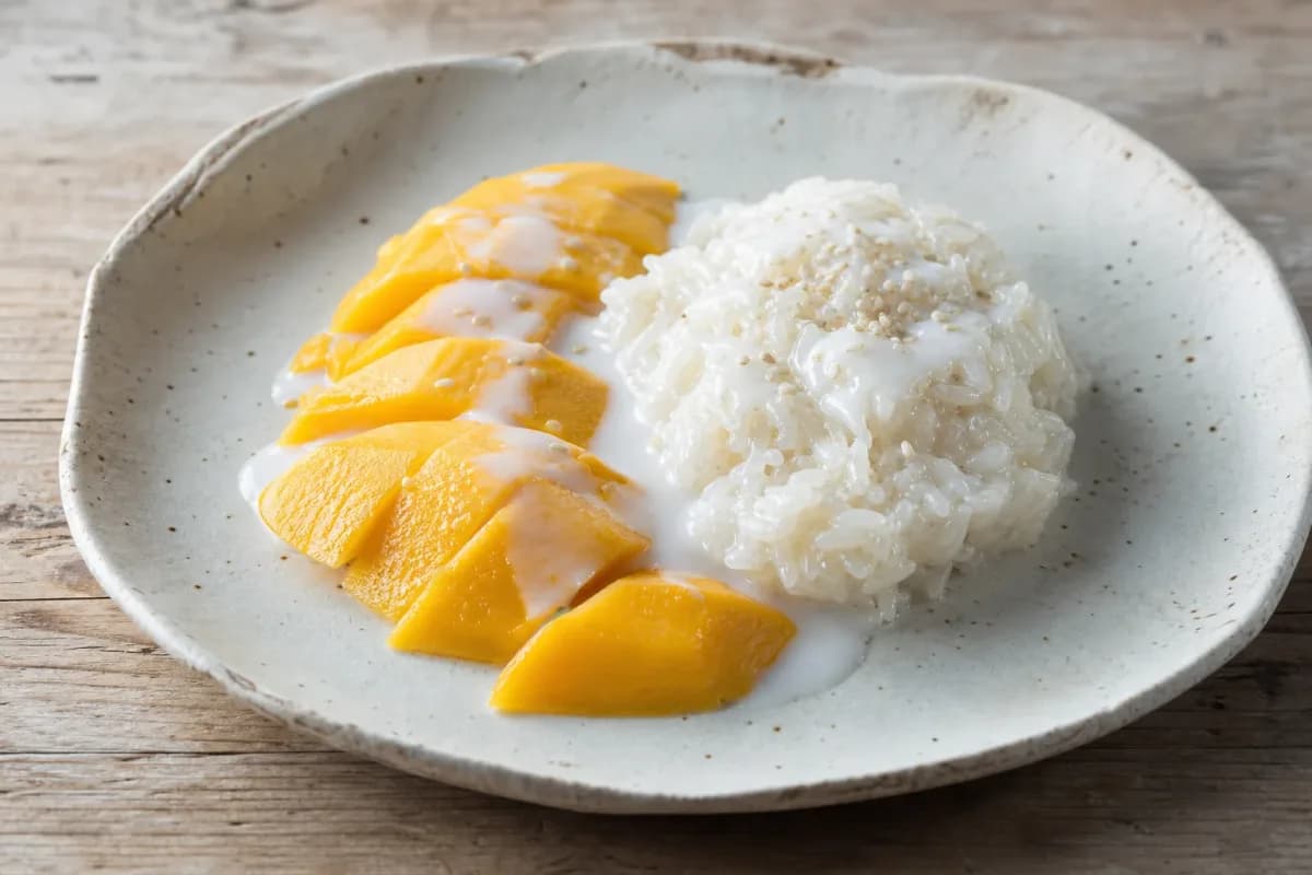 Thai Mango Sticky Rice with Coconut Sauce and Fresh Mango Slices