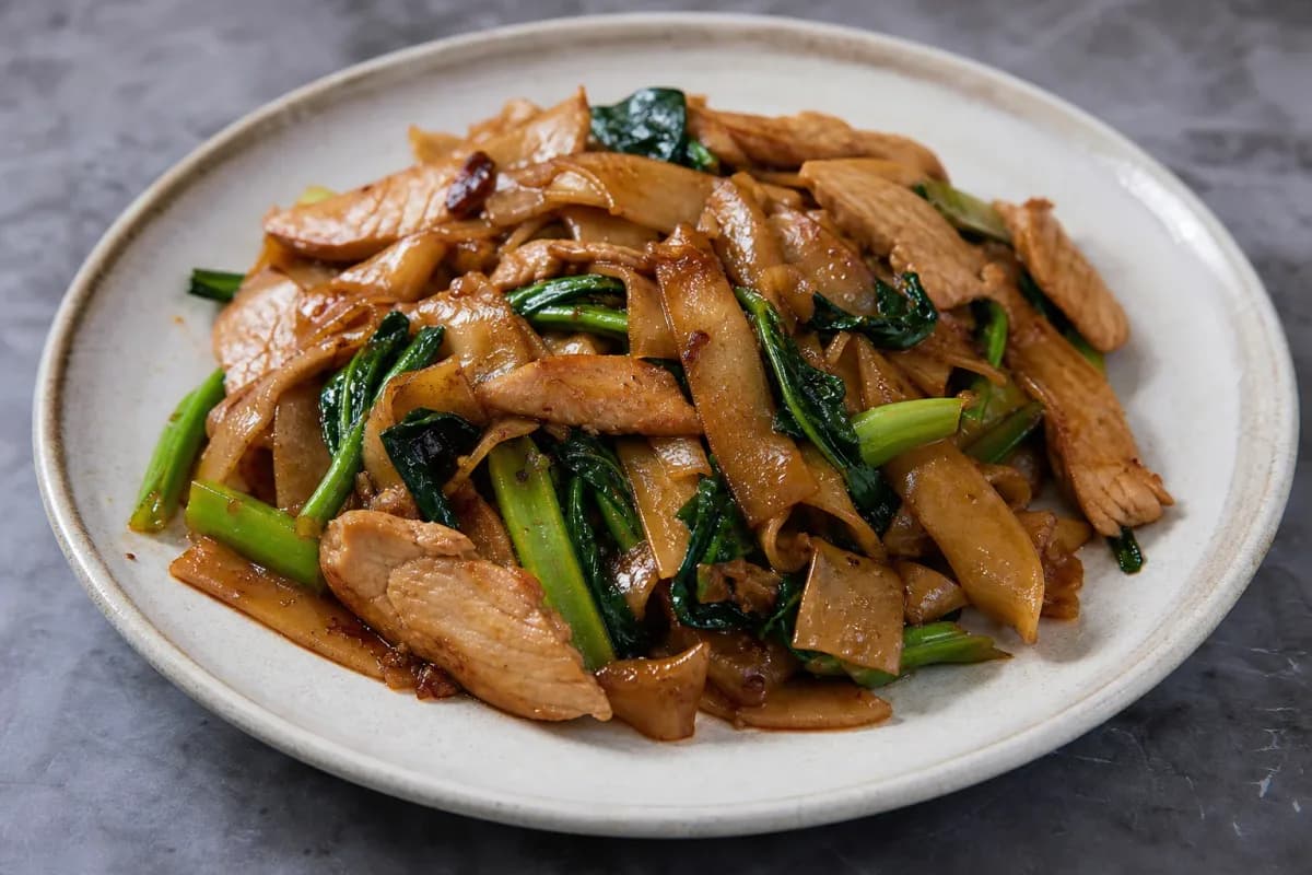 Thai Pad See Ew with Chicken and Chinese Broccoli Stir-Fry