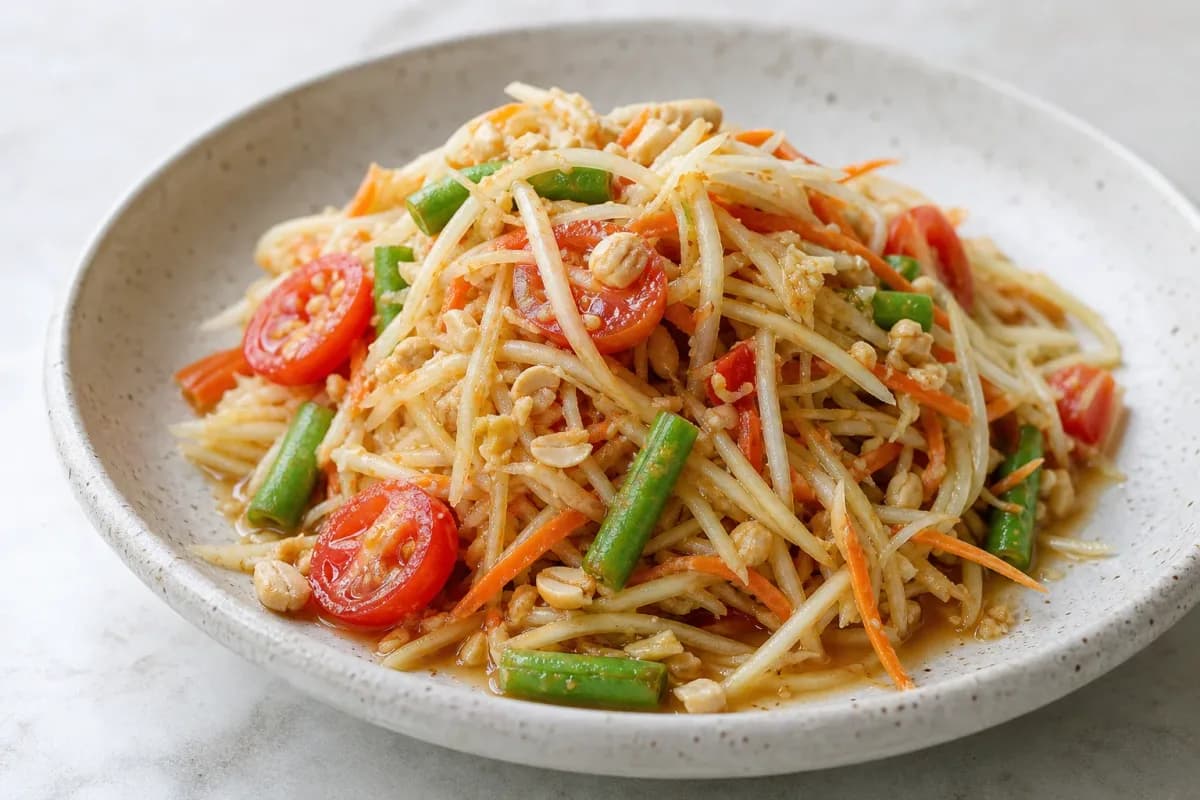 Thai Som Tam Green Papaya Salad with Fresh Vegetables and Peanuts