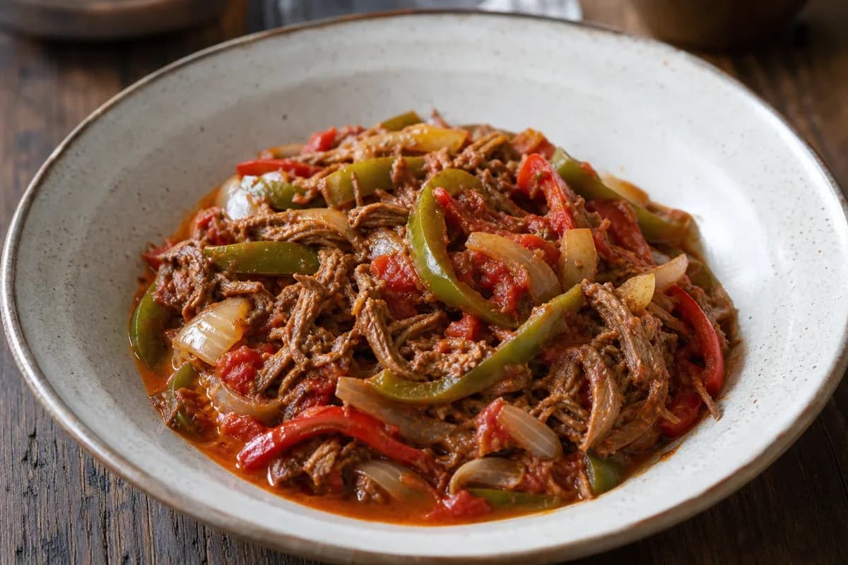 Plated Cuban Ropa Vieja with shredded beef, vibrant bell peppers, and rich tomato sauce served with rice.