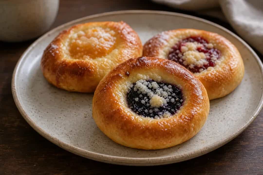 Golden brown koláče pastries filled with fruit, sprinkled with powdered sugar, on a rustic wooden table.