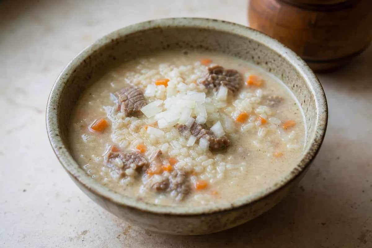A bowl of Nauryz Kozhe with a rich broth, grains, and herbs, garnished beautifully.