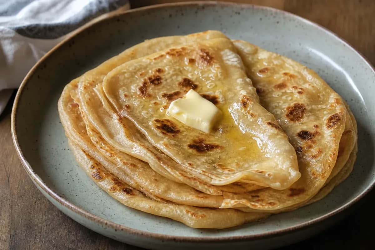 Golden-brown chapati with soft layers, served on a plate, garnished with butter.