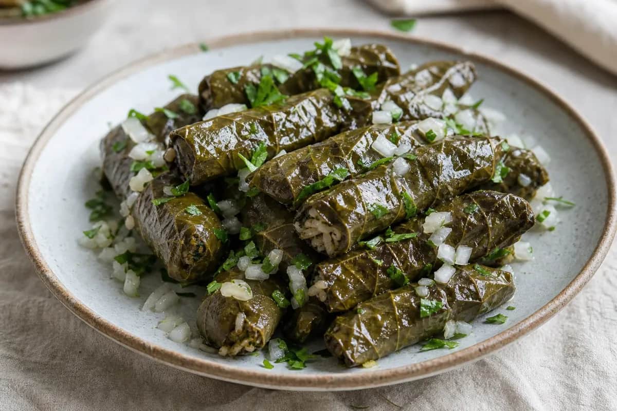 Stuffed grape leaves arranged on a plate, garnished with lemon slices and herbs.