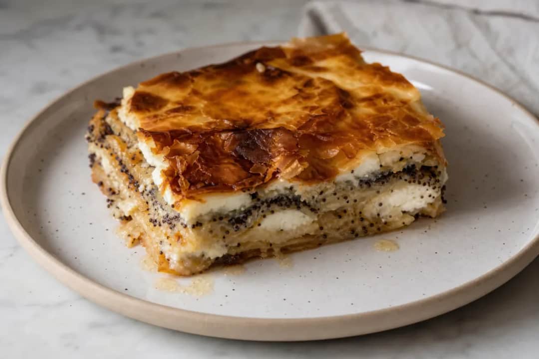 Layers of Prekmurska Gibanica showcasing creamy cheese, sweet apples, and a golden crust.
