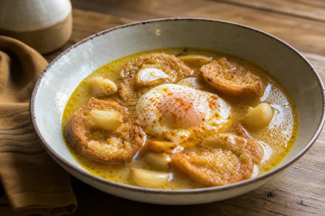 Traditional Spanish Garlic Soup with Toasted Bread and Poached Egg