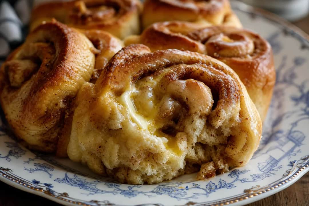 Plated Swedish cinnamon buns with a golden crust and sweet cardamom filling
