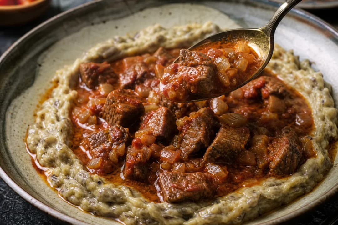 Traditional Turkish Hünkar Beğendi with Tender Beef Stew