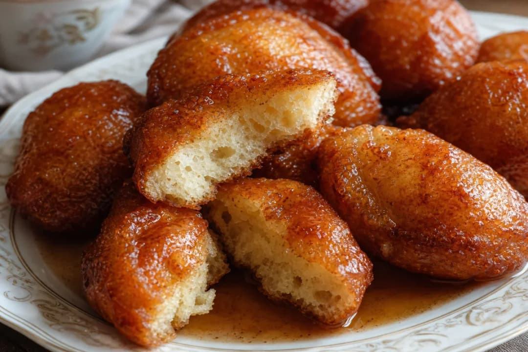 Plated Tunisian Bambalouni donuts drizzled with sticky honey glaze, showcasing their golden crispiness.